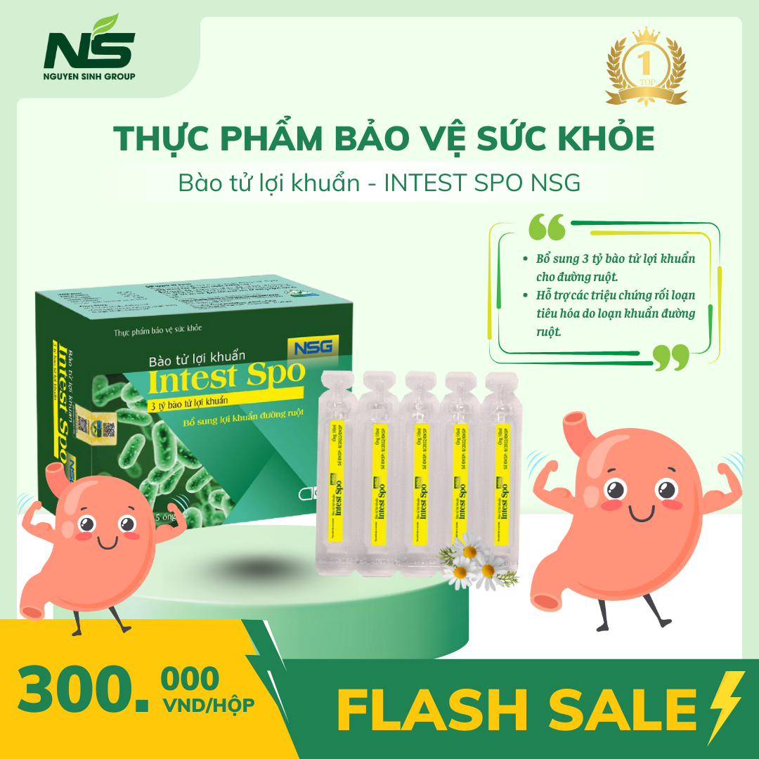 Bổ sung lợi khuẩn đường ruột - Thực phẩm bảo vệ sức khỏe Bào tử lợi khuẩn INTEST SPO NSG (Hộp 4 vỉ x 5 ống x 10 ml)
